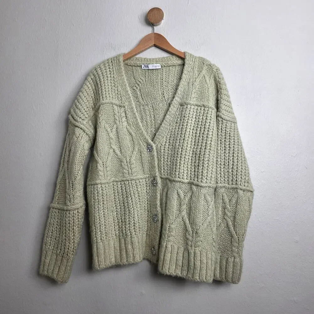 Zara Jeweled Button Chunky Knit Cardigan Blogger Favorite Sage Medium